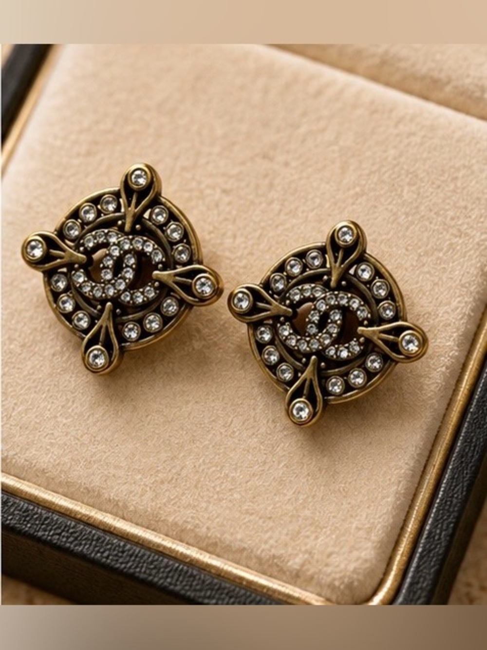 Antique Gold Tone Crystal Statement Stud Earrings